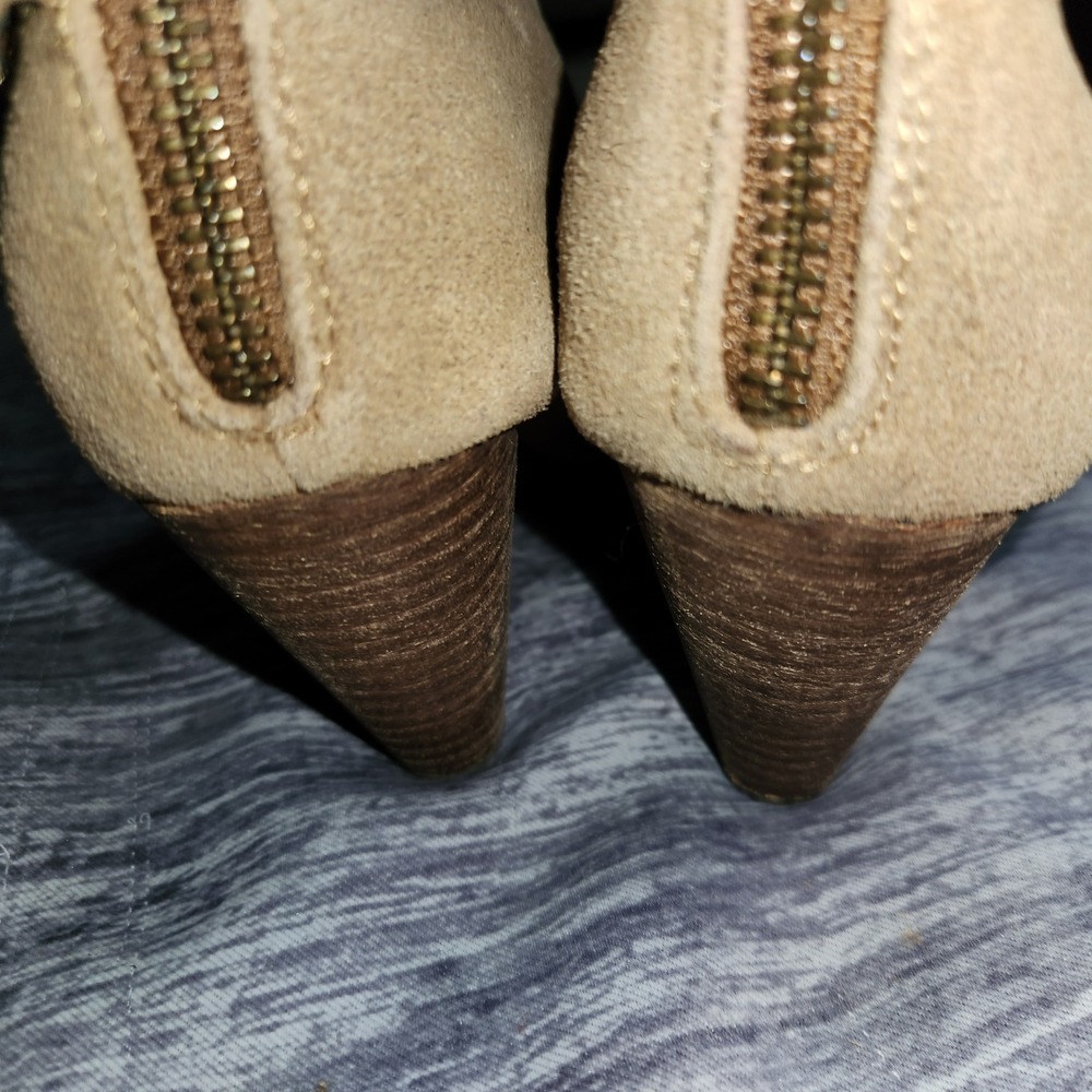 Wedge Heel Booties Open Toe Faux Suede Ankle Boots Tan Wide Width 9W Gold Accent - Picture 9 of 14